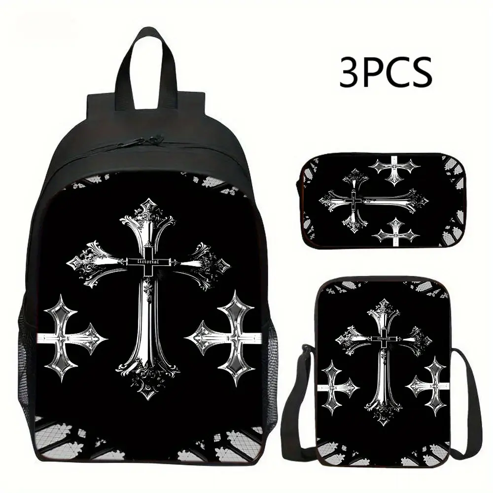 Gothic Cross 3-Piece Backpack Set - Ornate Print Oxford Cloth School Bag with Adjustable Strap, Lunch Bag, Pencil Case, Side Pockets for Alternative Style School Users