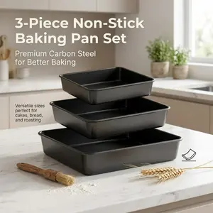 3-Piece Non-Stick Carbon Steel Rectangular Baking Pan Set, Stackable Oven Tray for Cake, Bread, Roasting Meat & Home Baking