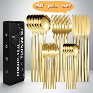 30 Piece Stainless Steel Cutlery Set, Service for 6, Luxury Gold Silverware Set, Mirror Polished Flatware Set