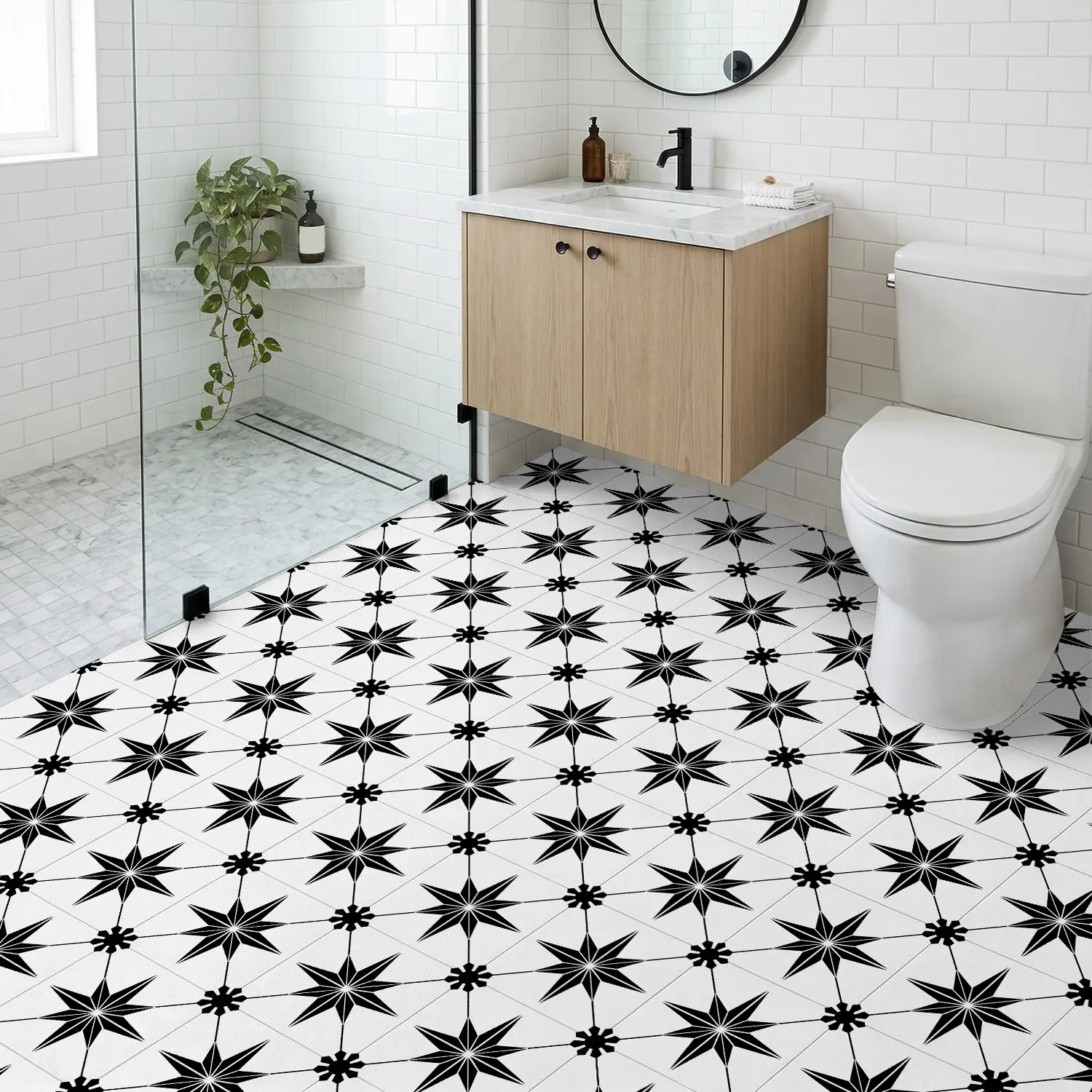 12pcs Black and White Compass Star Peel and Stick Floor Tile Stickers, Removable Vinyl Floor Decals, Waterproof Non-Slip Tile Transfers for Kitchen Bathroom Backsplash Stair Riser DIY Home Renovation