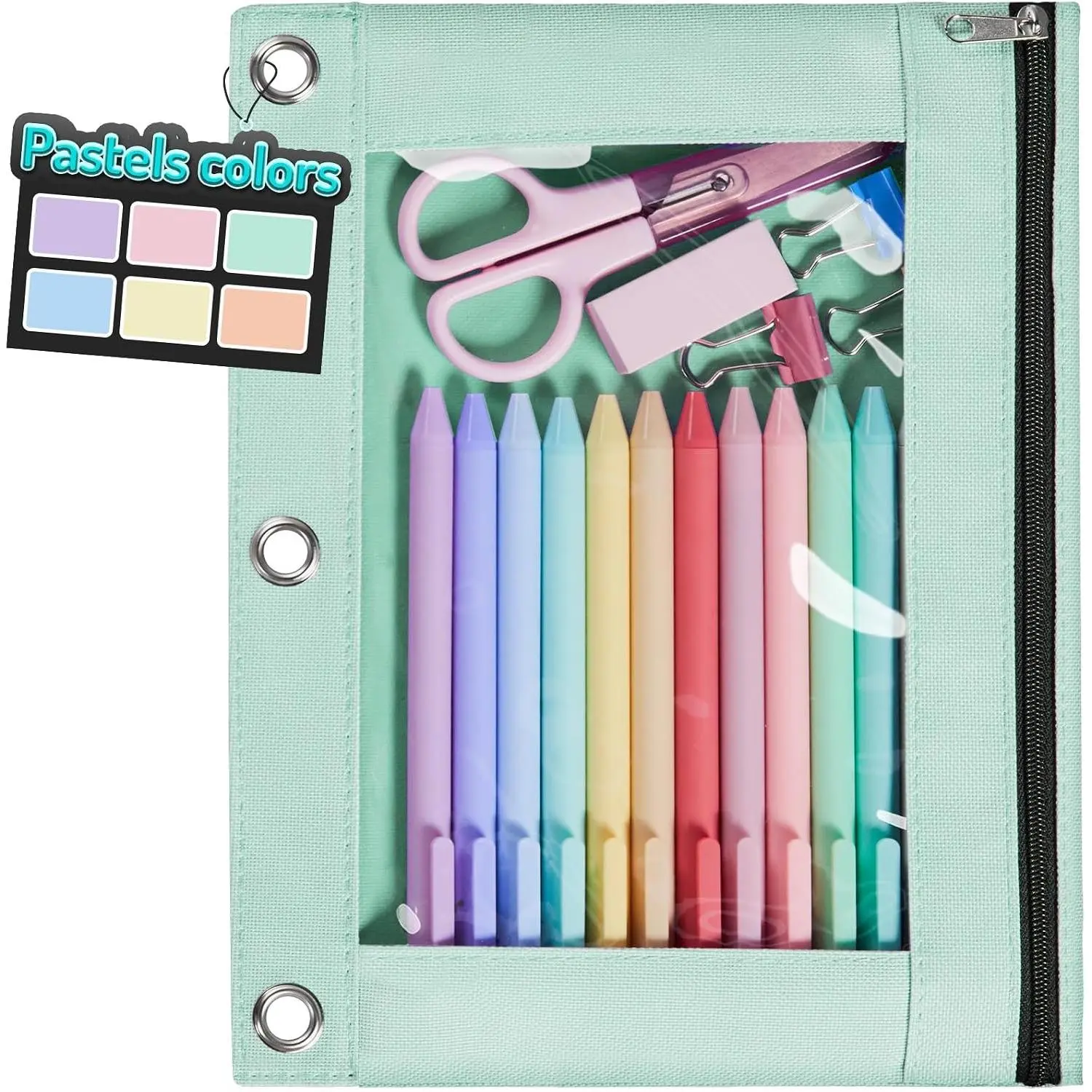 Pencil Pouch for 3 Ring Binder, Pastels Pencil Case,Cute Pen Bag | Smooth Zipper, Cute Soft Pen Bag with Clear Window & 3 Reinforced Grommets, Binder Bag, School Office Supplies, Green
