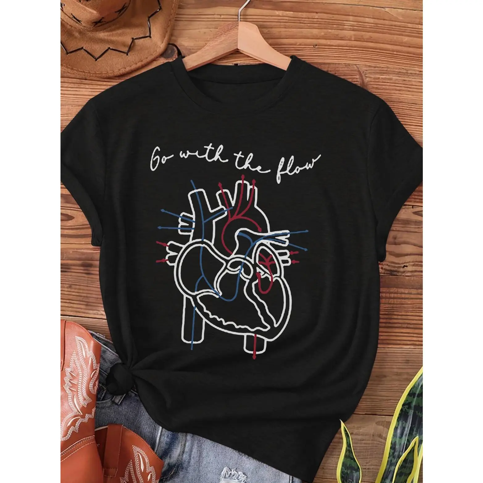 Women's Cardiac Nurse Anatomical Heart Graphic T-Shirt - "Go with The Flow" Slogan, Red & Blue Vein Design, Short Sleeve Crew Neck Casual Top, Semi-Sheer All-Season Machine Washable Tee, Summer Spring Clothing, Relaxed Fit Shirt, Breathable Fabric