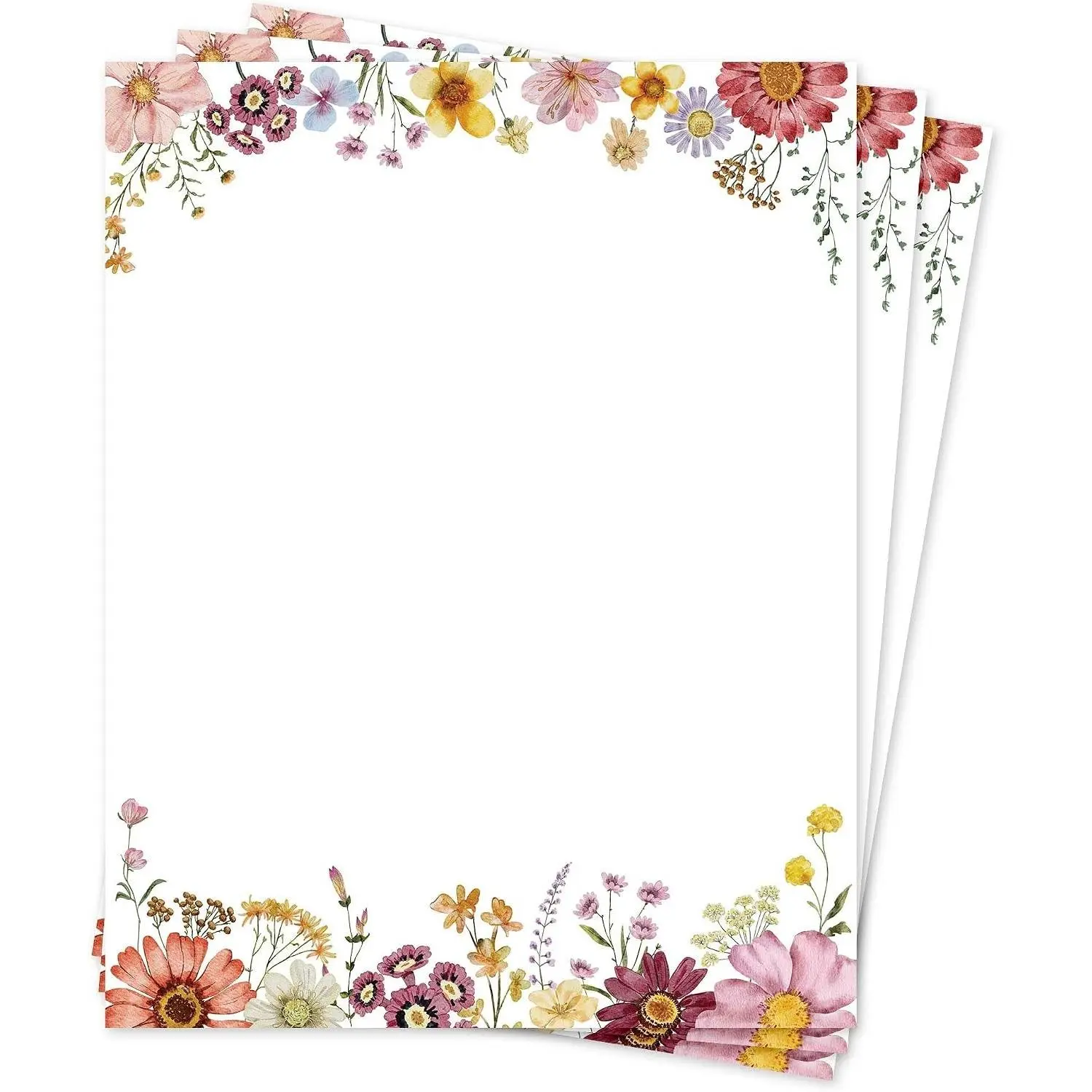 Floral Letterhead Paper 8.5 x 11 Inches, 50 Sheets – Elegant Spring Wildflower Stationery Set, Decorative Printer Paper for Writing, Pretty Flower Writing Paper