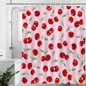 Cherry Shower Curtain, Cute Fruit Bathroom Shower Curtain Red Cherry Waterproof Fabric Bathtub Curtain Decor With Hooks Bathroom Decor