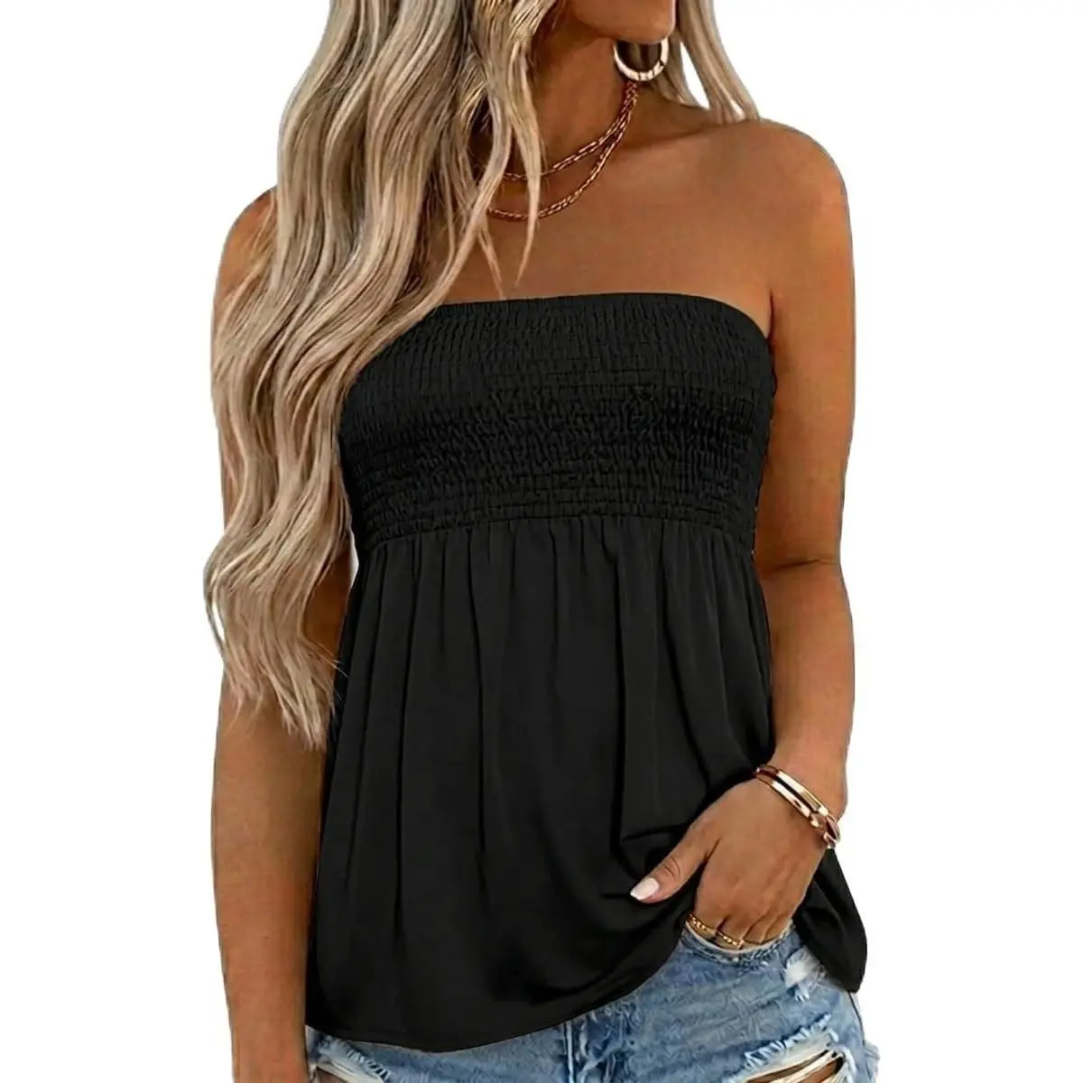 Womens Smocked Strapless Bandeau Tank Tops Floral Tube Tops Backless Bandeau Tunic Tops Sleeveless Shirts