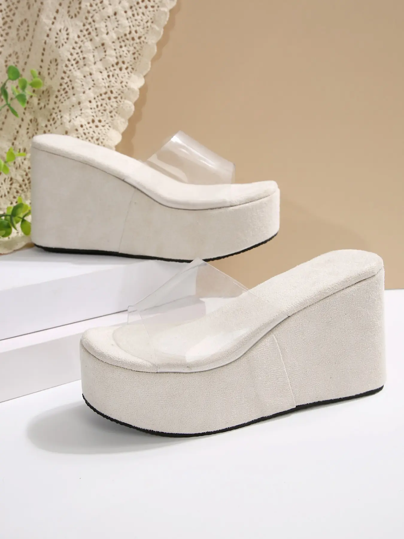 Women Clear PVC Strap Platform Wedge Slides, Open Toe Slip On Transparent Band Wedge Mules, Casual Summer Slip On Sandals, Beige