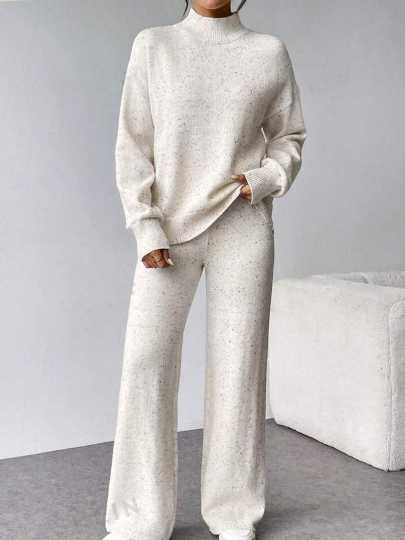 Women's Plain Drop Shoulder Sweater & Wide Leg Pants Two-Piece Set, Casual Fashion Cozy Baggy Knitwear Set for Daily Outdoor Wear, Women Knitwear for Fall & Winter