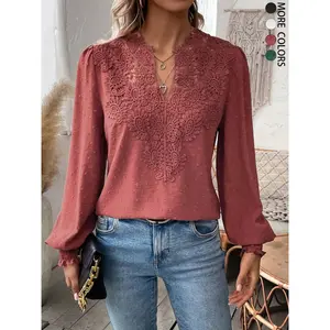 Women's Mixed Pattern Paisley Lace Swiss Dots Smocked Long Sleeve Blouse, Shirt, Top, Feminine Casual Blouse for All Seasons, Everyday, Plain Design, Womenswear