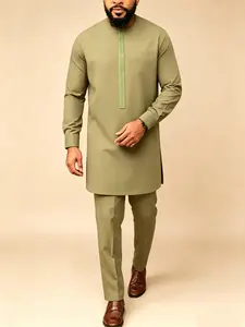 Men's Kaftan Set, African Ethnic Long Sleeve Round Neck Embroidered, Elegant Muslim Festival Wedding, 2-Piece Suit
