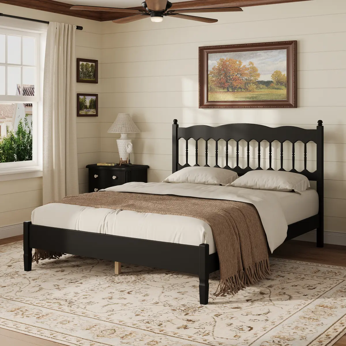 Farmhouse Full Size Wood Bed Frame with Spindle Headboard,Heavy-Duty Full Platform Bed with Wooden Slats Support for Bedroom,No Box Spring Needed,Noise-Free,Holds up to 600 lbs,Easy Assembly,Black