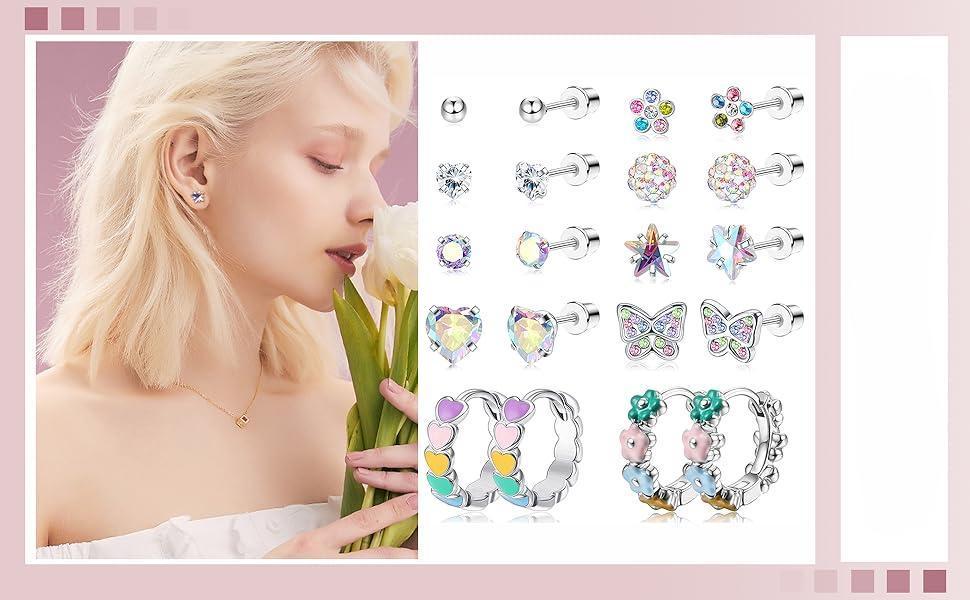 Jstyle 10 Pairs Hypoallergenic Screw Back Earrings for Women Girls 316L Stainless Steel Heart CZ Flower Butterfly Screwback Stud Earring Cute Hoop Earring Set