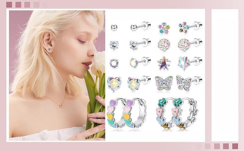 Jstyle 10 Pairs Hypoallergenic Screw Back Earrings for Women Girls 316L Stainless Steel Heart CZ Flower Butterfly Screwback Stud Earring Cute Hoop Earring Set