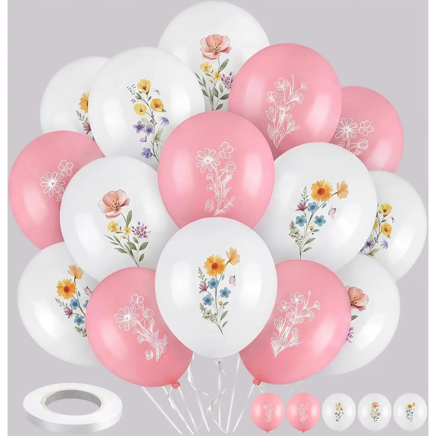50 Pcs Pastel Pink Wildflower Floral Latex Balloons, DIY Party Decorations for Baby Shower, Wedding Garden Events