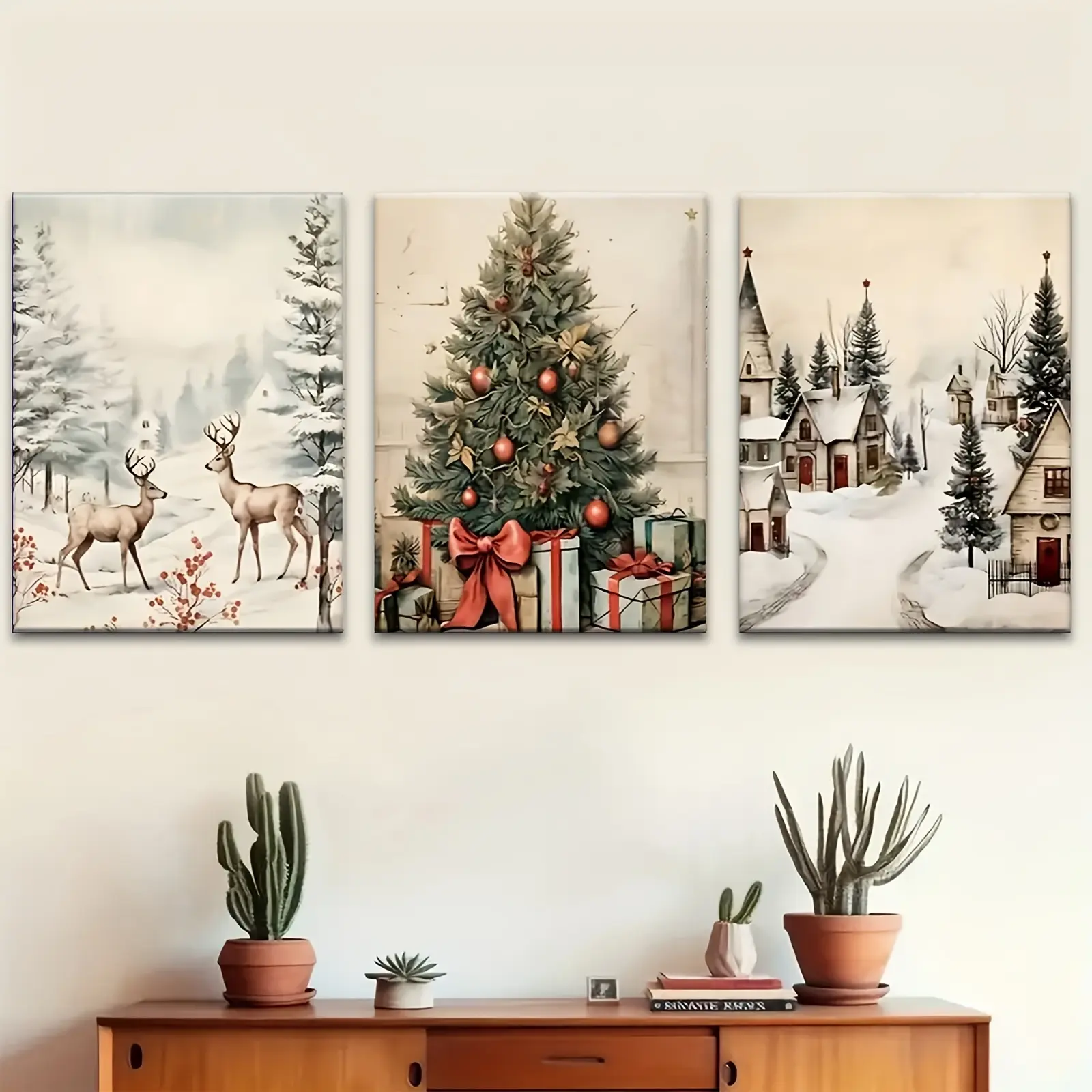 2D Flat Print Wrapped Canvas Print Set of 3, charming Christmas wooden style wrapped aesthetic canvas wall murals with festive vibes. Elegant decorative artwork ideal to brighten living room, bedroom and office interior decoration