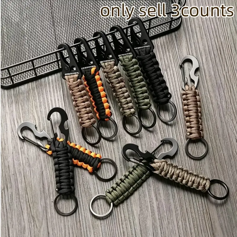 3-Piece Outdoor Climbing Carabiners, Military Parachute Rope Camping Hiking Survival Kit, Emergency Bottle Opener Tool, Braided Umbrella Rope Keychain, Outdoor Multifunctional Tools