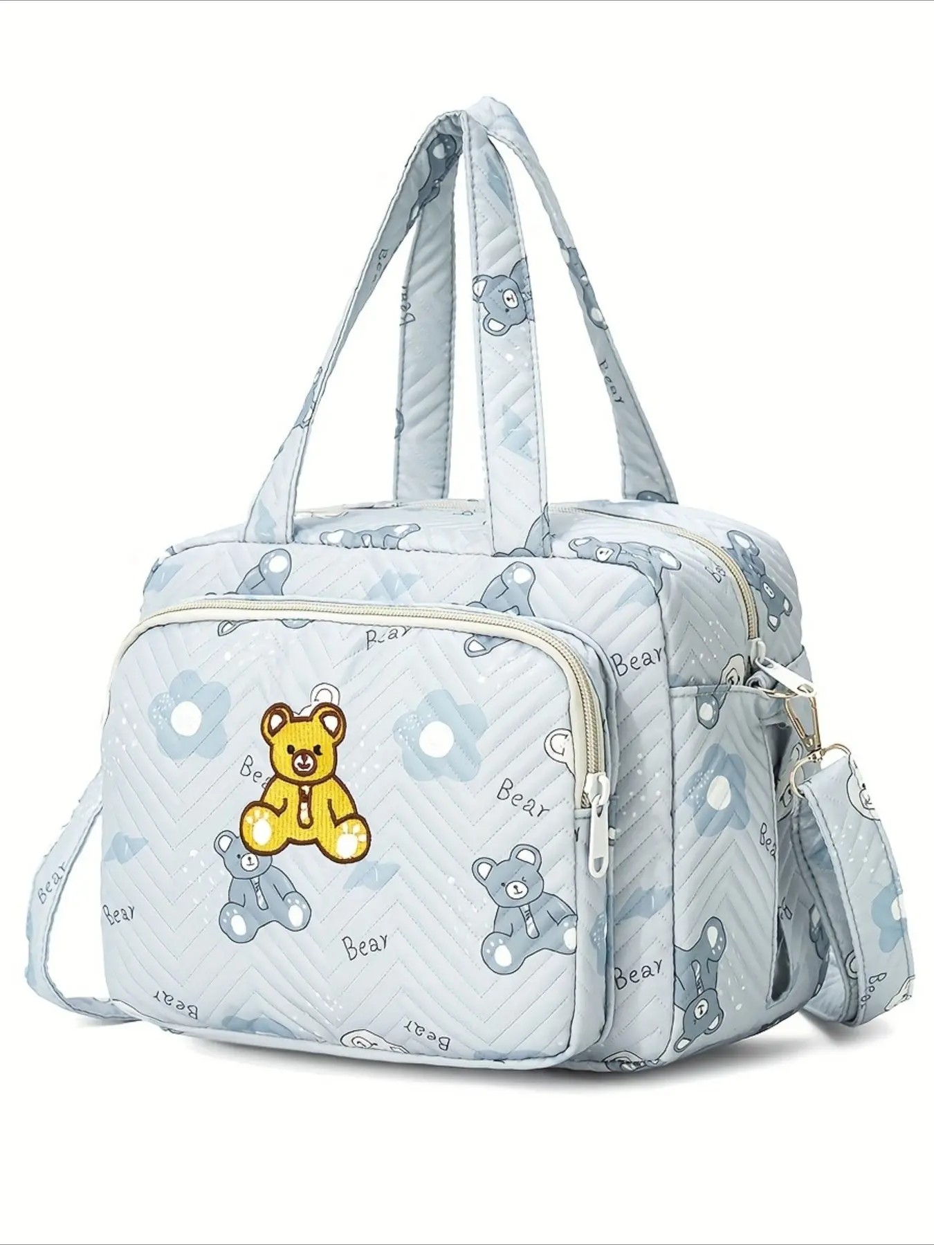 Cute Bear Quilted Diaper Bag, Multi Pocket Waterproof Nappy Handbag, Detachable Adjustable Crossbody Strap, Large Capacity Mommy Tote Bag