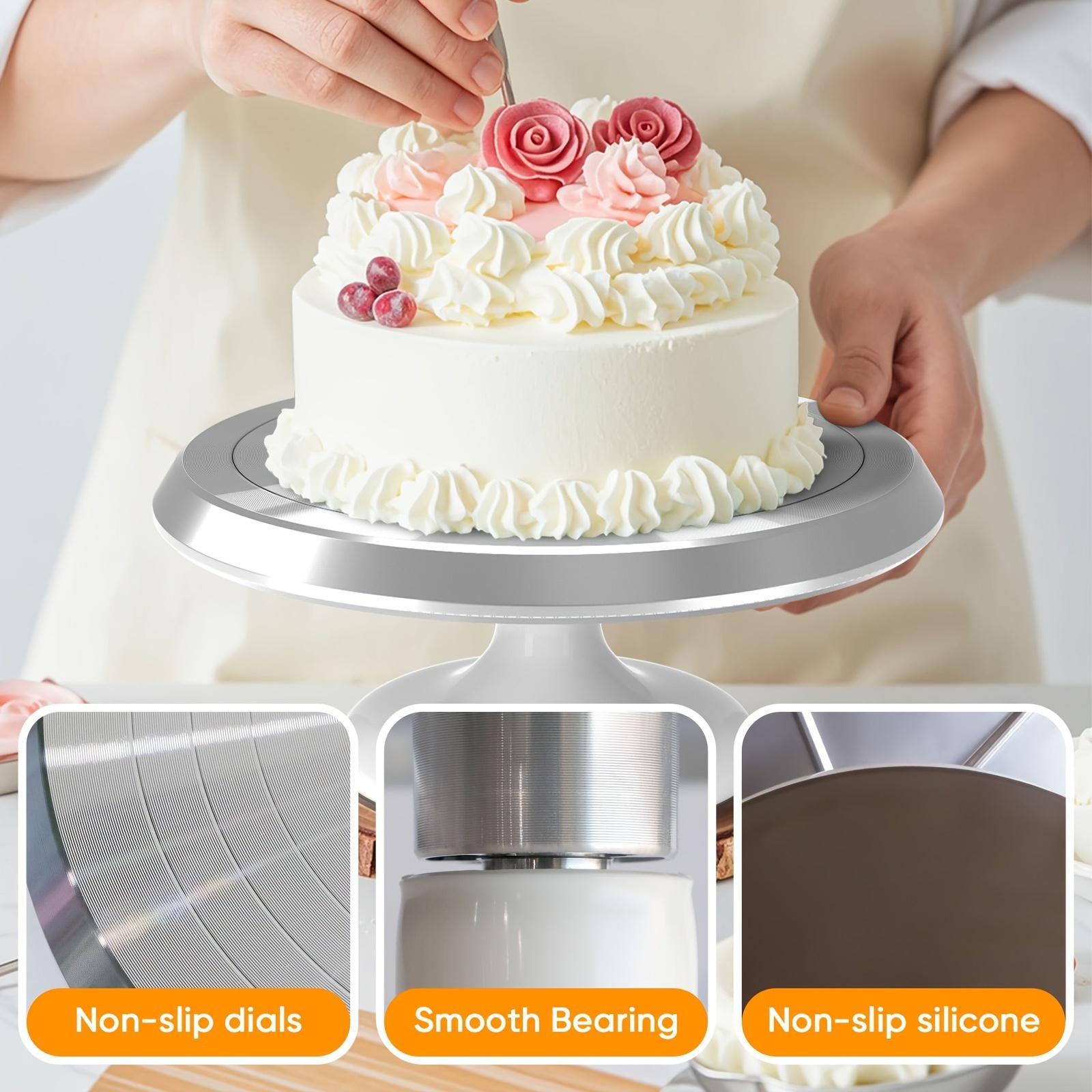 A 10-Inch Cake Turntable And Decoration Table in White And Pink, Designed for Home Baking, Featuring Rotating Tools for Cake Decorating