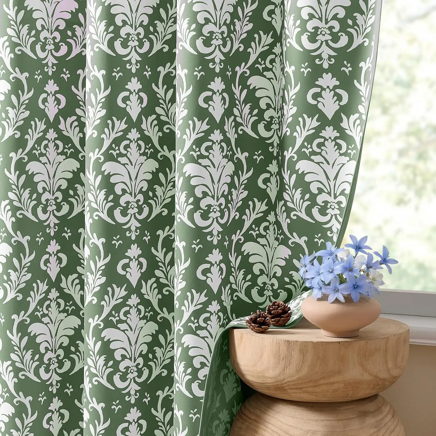 Sage Green Curtains 84 Inches Long 2 Panels  Damask Curtains Green and White Medallion Printed Drapes Room Darkening Grommet Solid Reversible Design Window Decor for Bedroom Living Room, 52x84