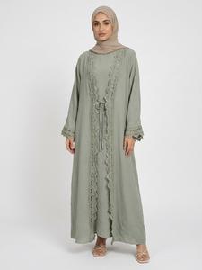 2-Piece Floral Abaya Set with Tie Design, Pocketed Vest Dress Innerwear, Elegant Traditional for Women