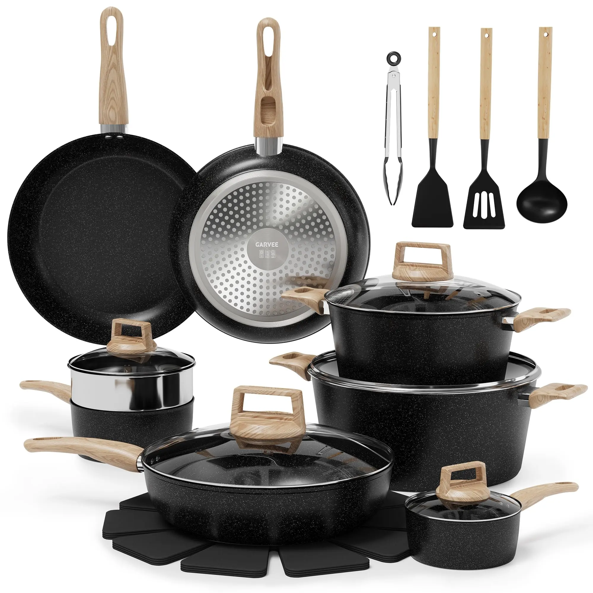 GAOMON 21-Piece Nonstick Aluminium Cookware Set - Ceramic, Induction-Compatible, Lightweight, Frying Pots/Pans with Glass Lids & Handles, Available in Black or White for Kitchen Use