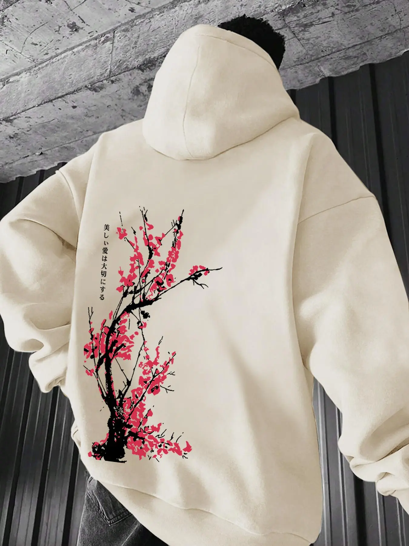 Men's Loose Long Sleeve Sweatshirt, Casual Street Style, Cherry Blossom Print, Fall & Winter, H-Type Silhouette, Unlined