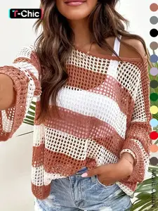 Women's Striped Print Hollow-Out Sheer Drop Shoulder Sweater, Striped Accent Pullover, Casual Fit Long Sleeve Boat Neck Jumper for Spring, Fashion Women's Knitwear Knit Sweaters for Daily Wear, Womenswear