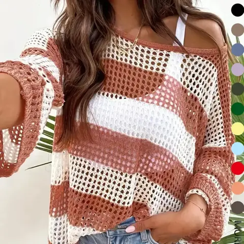 Women's Striped Print Hollow-Out Sheer Drop Shoulder Sweater, Striped Accent Pullover, Casual Fit Long Sleeve Boat Neck Jumper for Spring, Fashion Women's Knitwear Knit Sweaters for Daily Wear, Striped Knitted Sweater, Womenswear