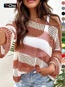 women's striped print hollow out sheer crochet sweater, casual breathable long sleeve boat neck jumper for spring & fall, knitting tops for lady, women's knitwear, women's clothing, sweaters for women, tops for women, womenswear