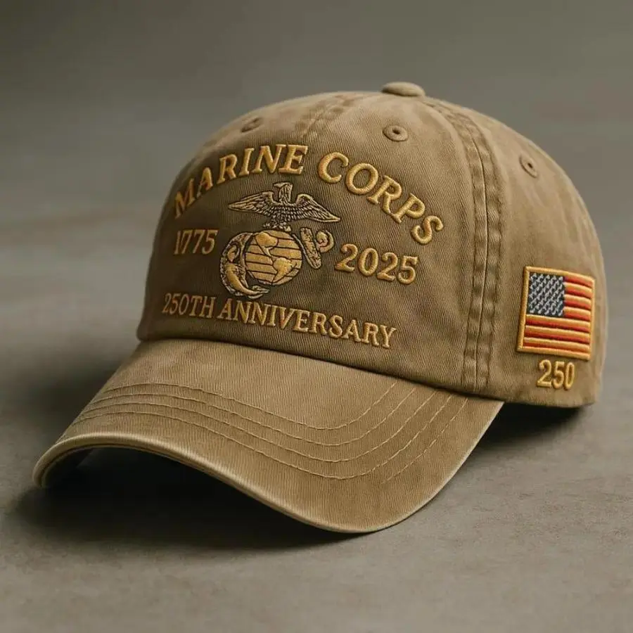 Men's Adjustable Marine Corps 250th Anniversary Cotton Cap - Washed Look, Letter Print, Cotton Clothing for Veterans' Events & Reunions, Back to School Outfits Accessory