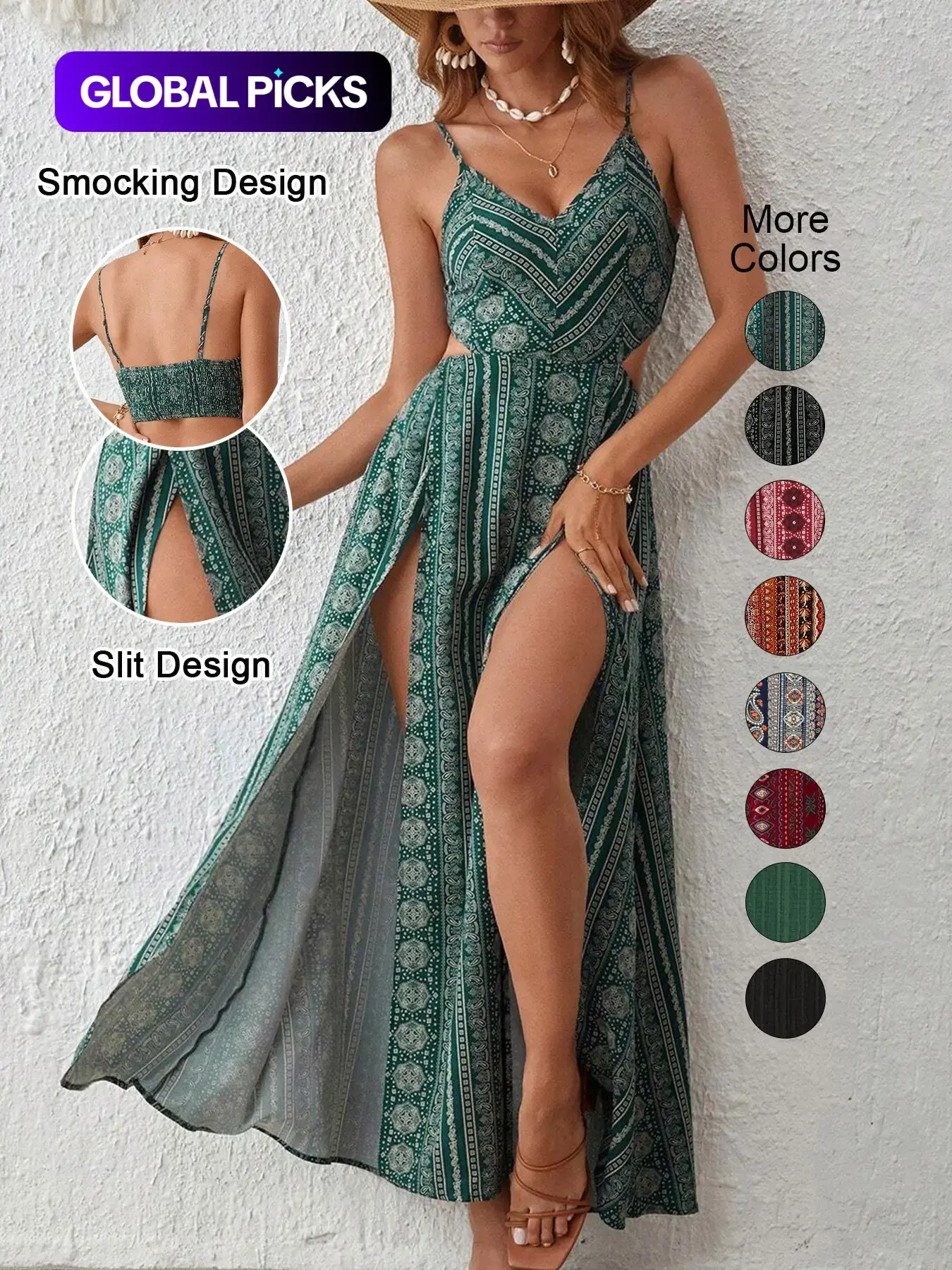Women's Boho Striped Print Bodycon Dress, Bohemian Maxi Dress, Split Thigh Slit Backless Spaghetti Strap, Perfect for Beach Vacation, Summer & Layering