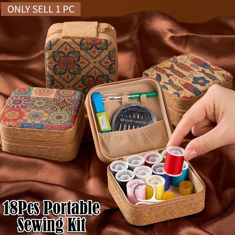 18Pcs Vintage Household Sewing Box Kit With 11 Colors Threads, Portable Multi-Function DIY Fabric Knitting Repair Supplies, Complete Hand Stitching Tools With Storage Case, Ideal Textile Craft Set For Home Daily Mending & Student Dorm Garment Sewing