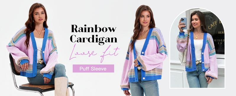 lmily Bela Womens Striped Cardigan Sweaters Oversized Puff Sleeve Button Up V Neck Color Block Knit Sweater Coat