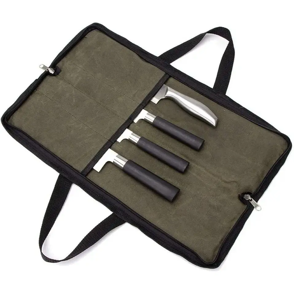 Heavy Duty 4-Slot Waxed Canvas Knife Roll Bag Portable Chef Knife Case Pouch with Handle for Knives Kitchen Tools Ideal for Home Travel Camping Storage