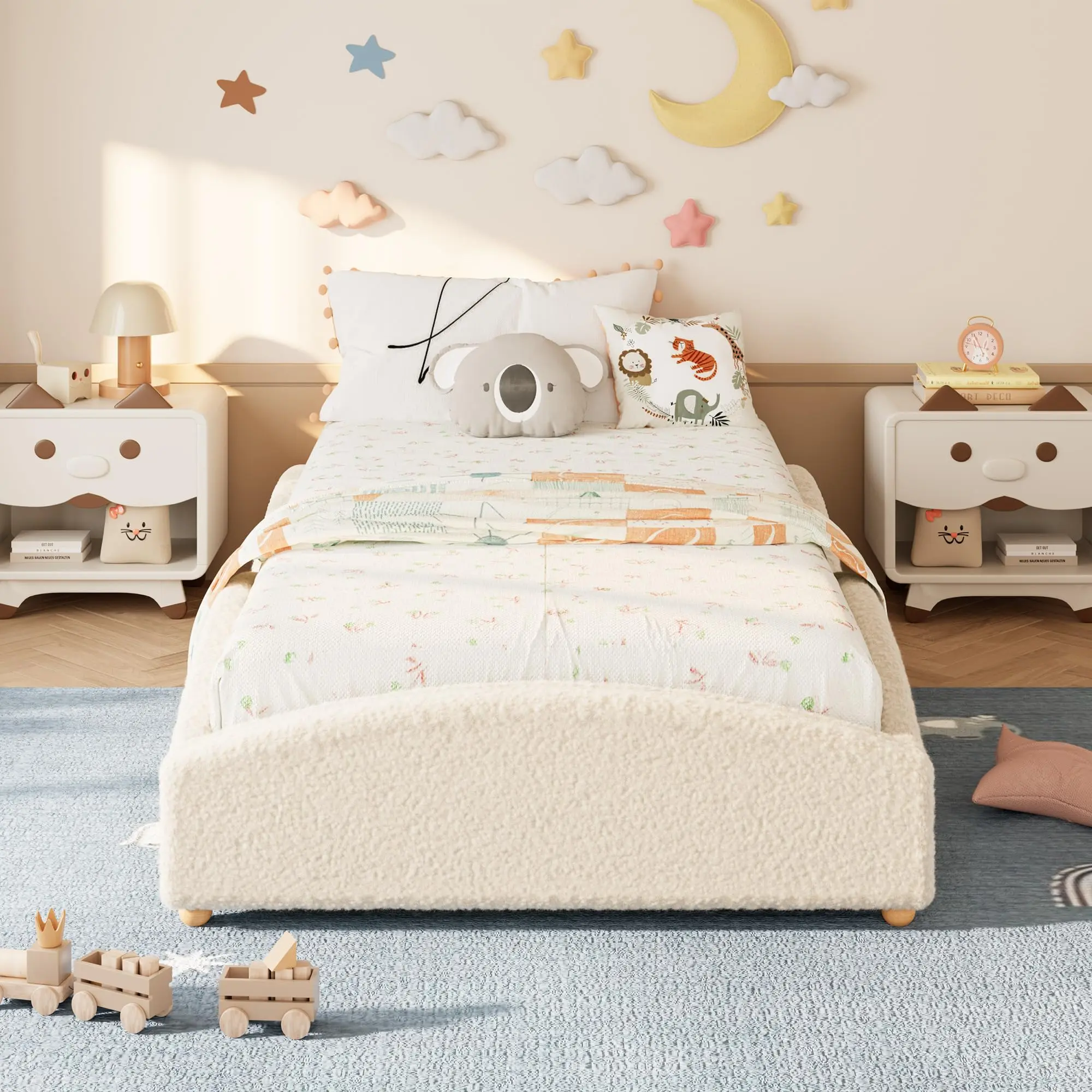 Kids Educational Floor Bed Frame, Upholstered Low-Profile Platform Daybed - Cloud Guardrails, Raised Sides, Wood Slats