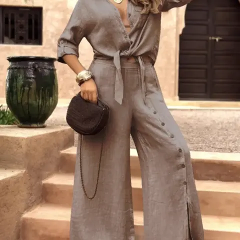 Women's 2-Piece Tie-Back Long Sleeve Shirt and Single Button Wide-Leg Pants Trouser Set, Basic Vintage Oversize Loose-Fit Casual Chic Fashion Clothes for All Seasons Womenswear Vibe