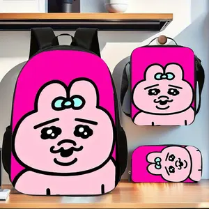 Opanchu Usagi pink bunny backpack with bow and distressed face, three-piece set. The backpack features soft padded shoulder straps and comes with a detachable handbag and pencil case. Suitable for commuting and leisure activities