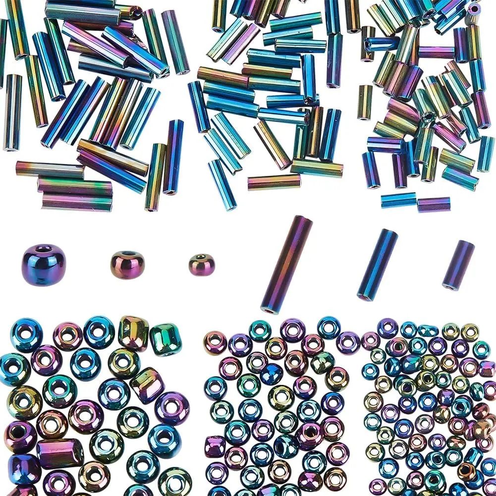 About 1825 count Rainbow Plated Glass Bugle Beads, 2 Styles Round Long Tube Seed Beads Metallic Colors Bead Loose Spacer Bead Bulk for DIY Crafting  Making