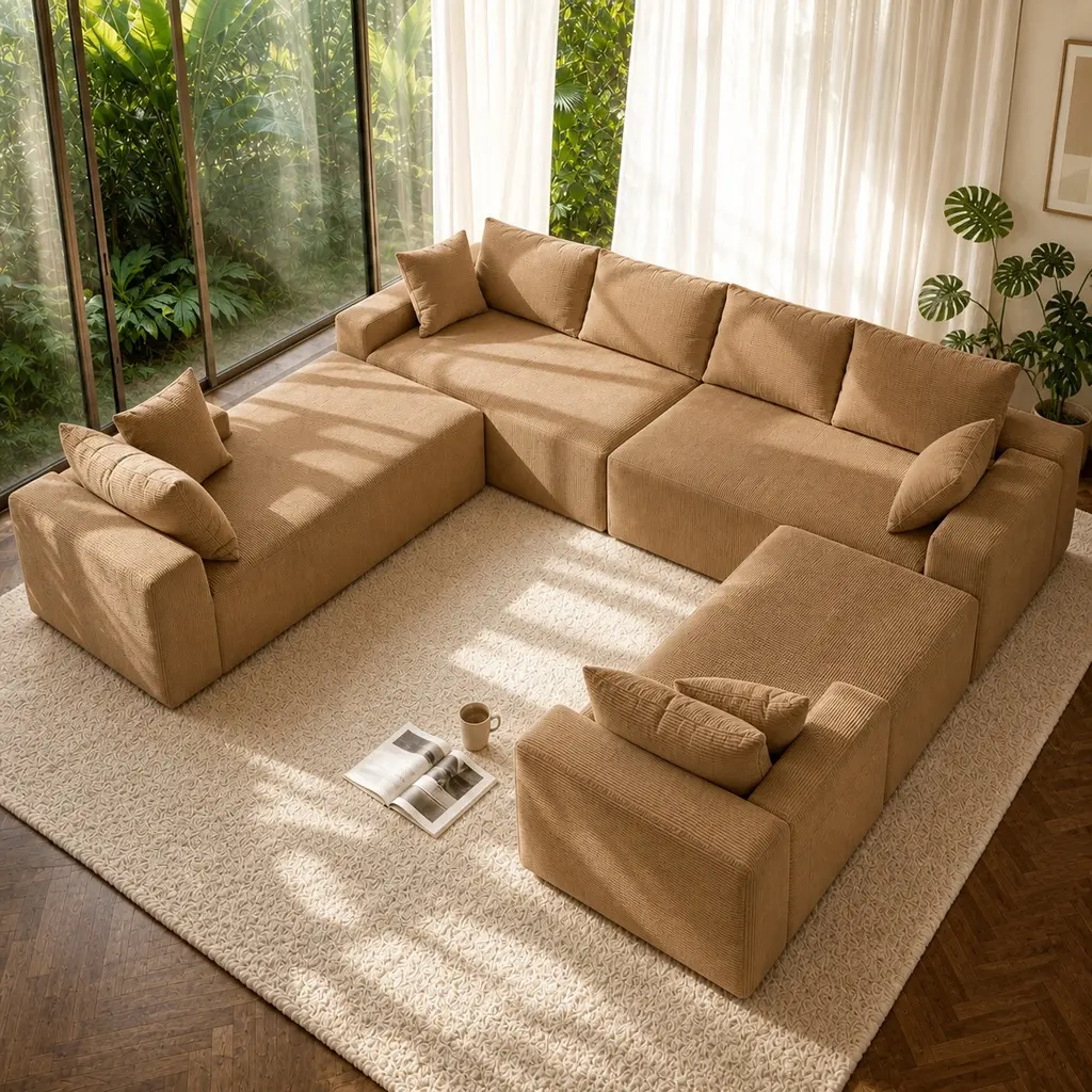 ARCH 124.4" Cloud Sectional Sofa U-Shape Chaise with Side Pockets Cup Holder, Modern Modular Corduroy Couch, Deep Seating 6-Seat Living Room Furniture, No Assembly Required Camel, Camel Color Options, Corduroy/Foam+Spring Material, Comfy Couch, 94.80" W X