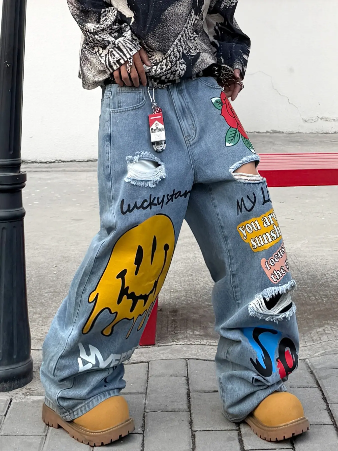Men's Vintage Washed Blue Jeans, Ripped Holes Smiley Face Print, Y2K Streetwear Fashion, Loose Fit, Spring & Fall, No Belt Included