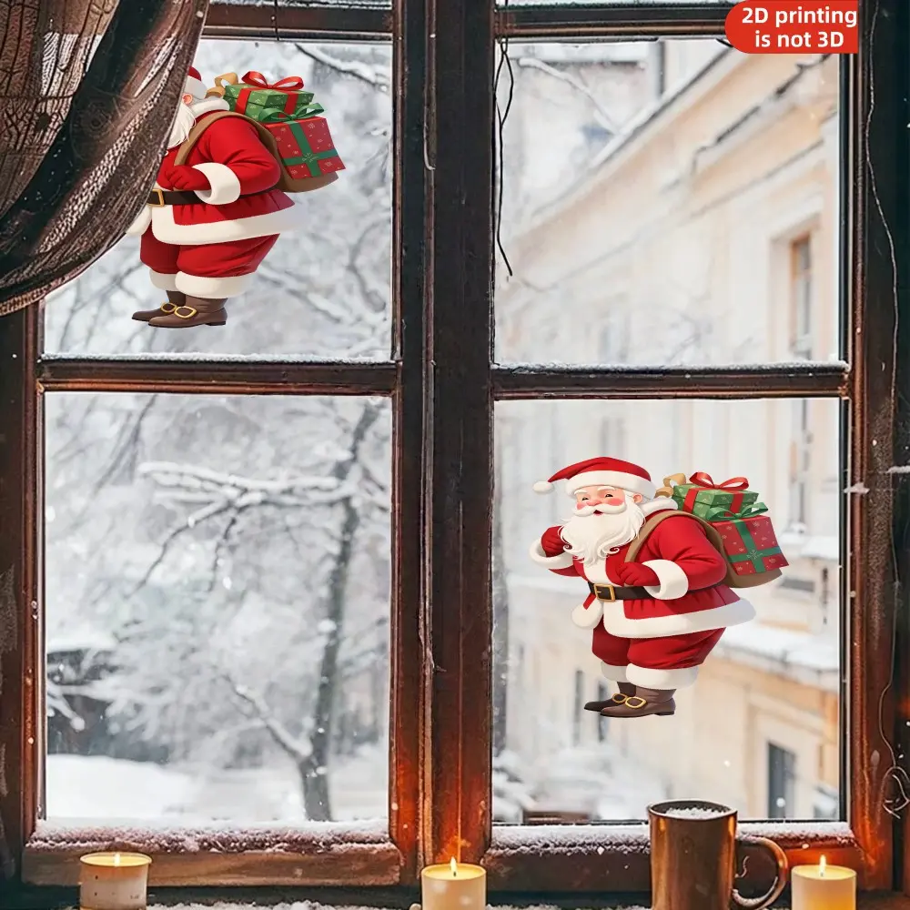 1 Static-Adhesive Santa Claus Window Decal - Features a classic snowy landscape and Santa Claus face design; easily applies to glass doors and windows; 5-mil thick plastic Christmas decoration; indoor holid