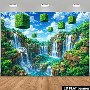 Pixel Art Retro Game Backdrop, Blocky Jungle Waterfall Party Banner, 8-Bit Gamer Room Decor, Geek Aesthetic Wall Tapestry