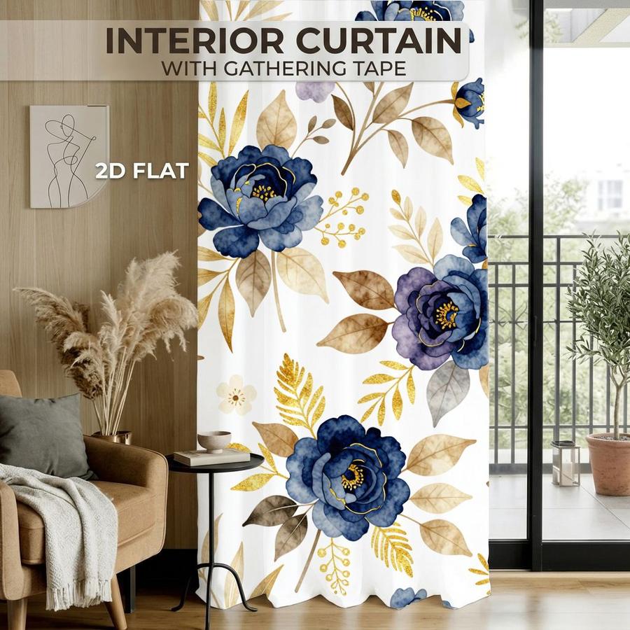 2 Pcs Elegant Floral Pattern Blue Peony Golden Leaves Sun Blocking Curtains Digital Printed Rod Pocket for Bedroom Office Kitchen Living Room Study Home Decor