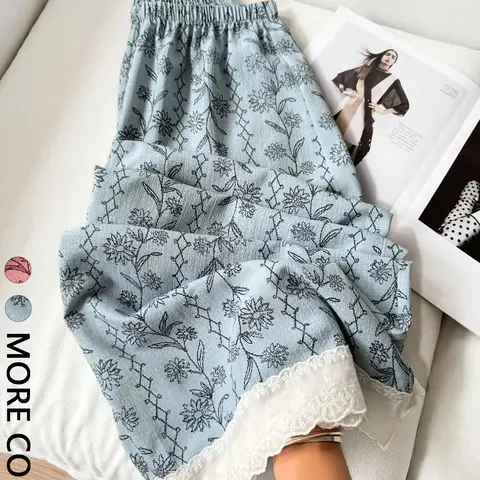 Women's Elastic Waist Wide Leg Pants, Lace Trim Flowy Long Pants, Fashion Casual Comfy All over Print, Fitted Style, Unlined, Comfortable & Stylish, Casual Chic Trousers, Casual Style Bottoms