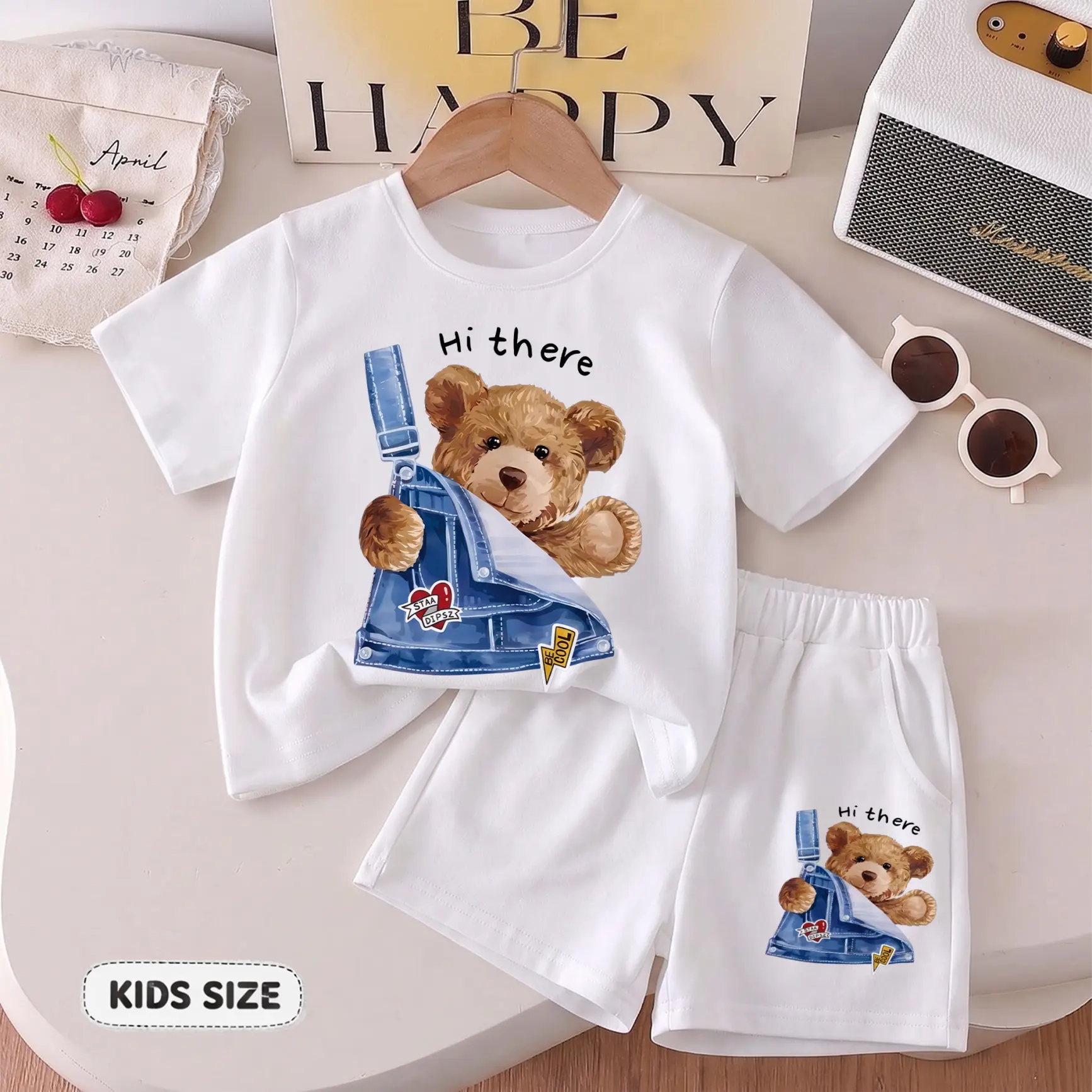 Kids’ Cute Teddy Bear Graphic Tee and Shorts Set, Fun Hi There Cartoon Character Print Summer Outfit, Comfortable Two-Piece Casual Wear for School, Family Trips, Holidays and Playtime