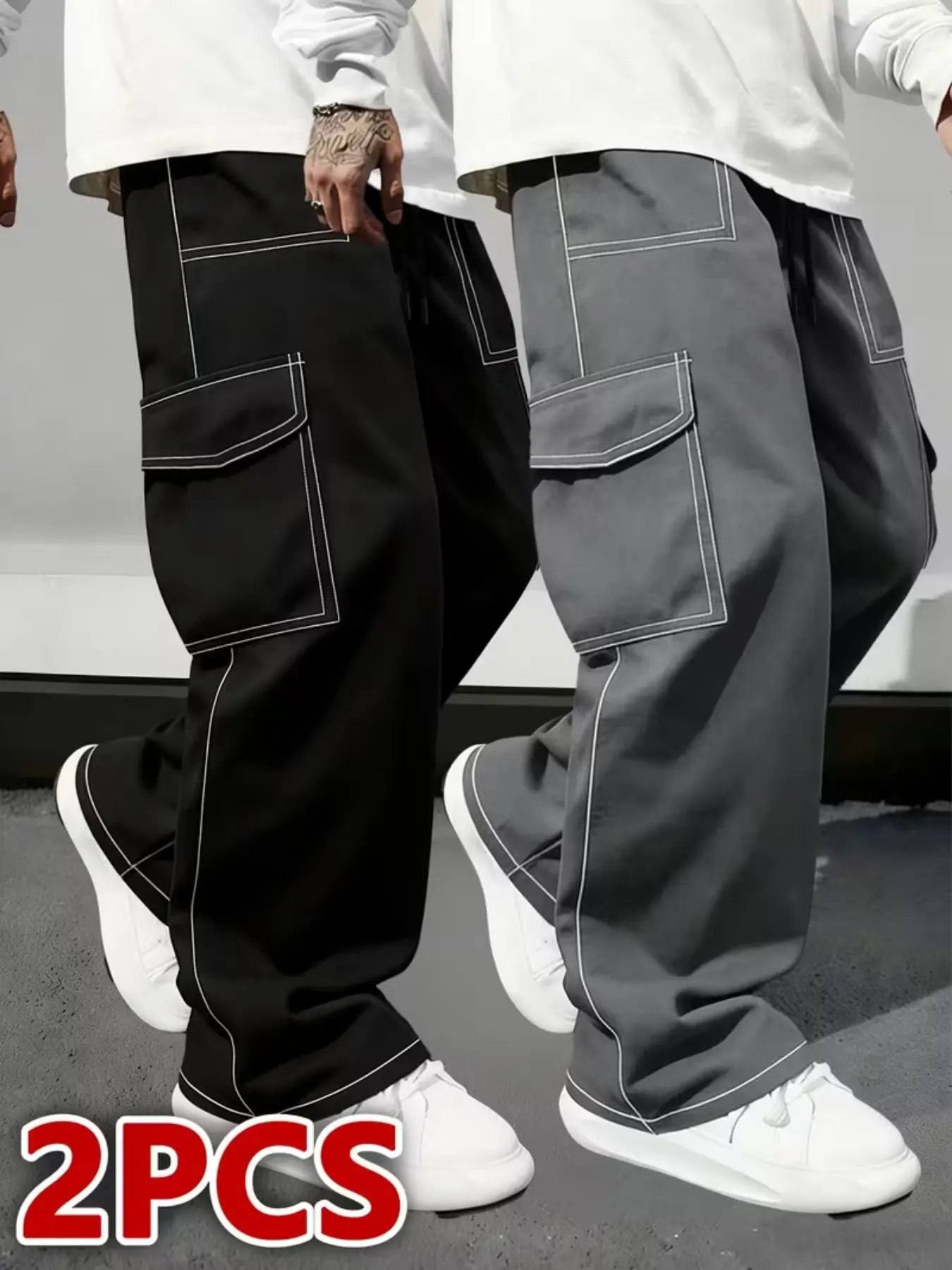 Men's 2-Pack Wide Leg Work Pants, American Street Style, Multi-Pocket, Drawstring Waist, Loose Fit, Casual Outdoor Long Trousers