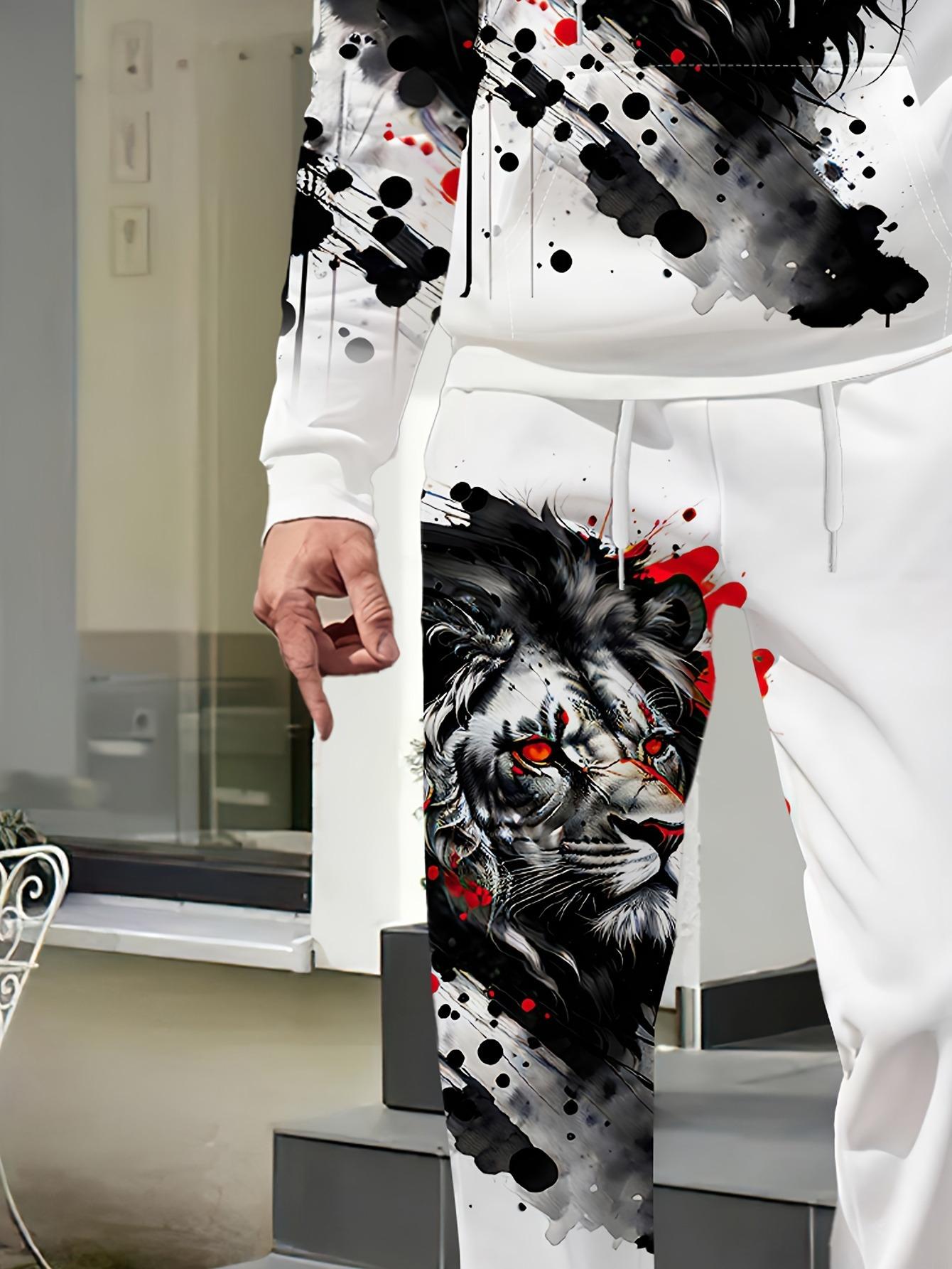 Men's casual 2-piece set, lion ink print hoodie and sweatpants, spring and autumn fashion outfit