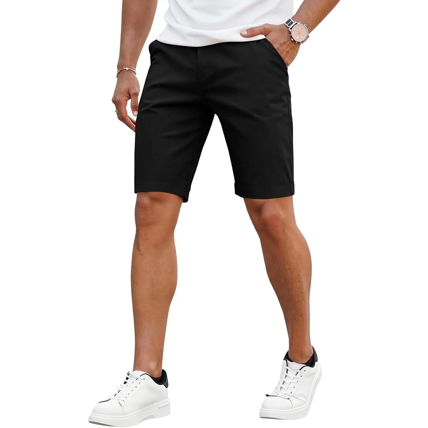 Men's Natural Smooth Slim Fit Stretchy Cotton Spandex Fashion Chinos Shorts - 7"/9" Inseam, Skinny Tapered Leg, Flat-Front, Elastic Waist, Lightweight, Pocket, Golf, Casual, Multi Colors (Pair with Sneakers for Day Wear)