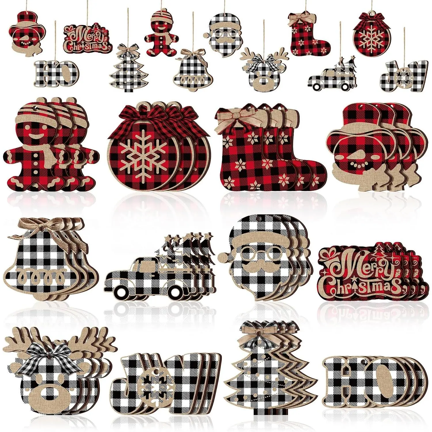 36-Count Modern Christmas Buffalo Check Ornaments, 2.5x3.5 in Rustic Wooden Decor - 12 Styles with Bows, Black Red White Gingerbread Snowman Reindeer for Xmas Indoor Outdoor Use, Synthetic Wood