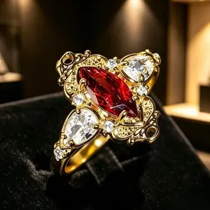 Luxury Golden-Tone Anniversary Ring for Women, Vintage Marquise Cut Red Statement Band with Intricate Details, Elegant Bridal Jewelry Gift for Weddings, Parties & Special Occasions