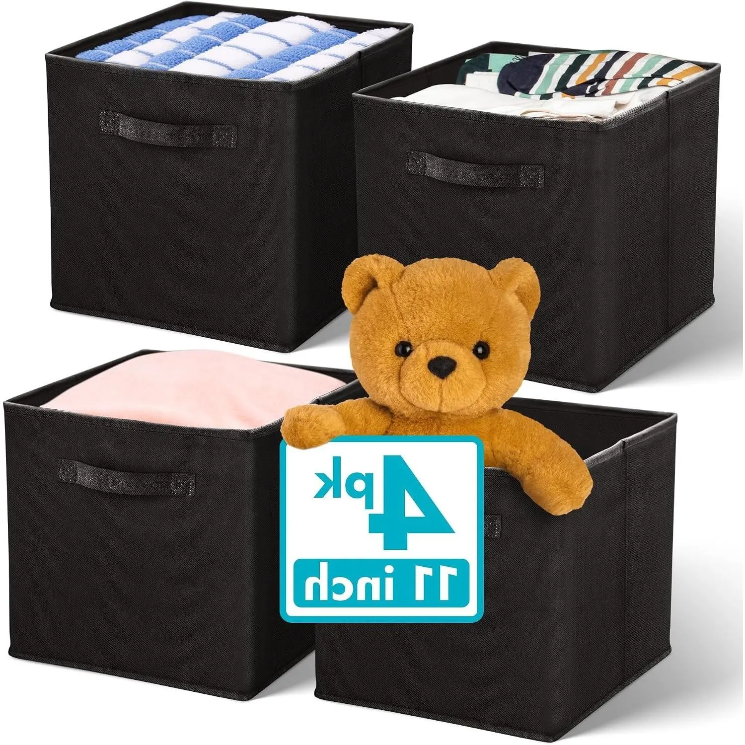 11 Inch Cube Storage Bins (4 Pack) - Collapsible Foldable Fabric Storage Boxes, 11x11 Square Cubby Organizer for Kids Room, BlackGift